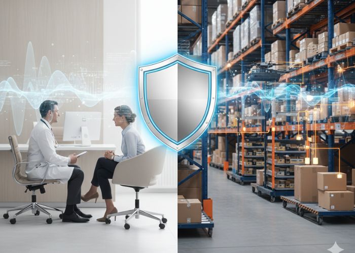 Eagle communications 2 medical professionals on one side and a warehouse on the other with a shield protecting